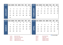 2027 Four Month Calendar with Thailand Holidays