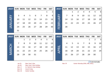 2027 Four Month Calendar with UK Holidays