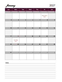 2027 Google Docs Calendar With Large Boxes