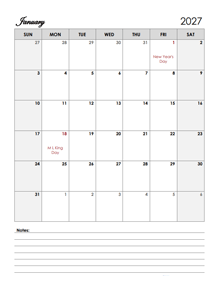 2027 India Calendar Template Large Boxes