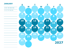 2027 Monthly Colorful Calendar For Kindergarten