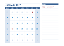 2027 Monthly OpenOffice Calendar Landscape