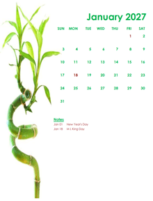 2027 Monthly Calendar Template Green Design