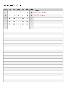 2027 Monthly Calendar Template Portrait