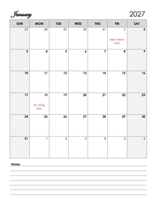 2027 Calendar Template Large Boxes