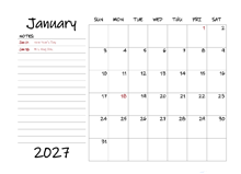 2027 Calendar Template with Monthly Notes