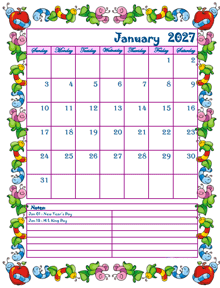 2027 Monthly Cute Kids Calendar Template