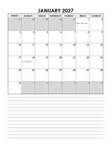 2027 Monthly Excel Template Calendar