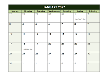 2027 Monthly Google Docs Calendar Template
