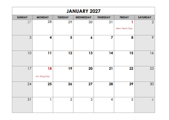 2027 Monthly Large Calendar Holidays
