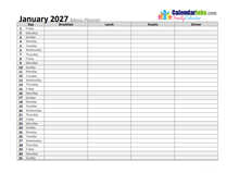 2027 Monthly Menu Planner