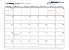 2027 Monthly Menu Planner