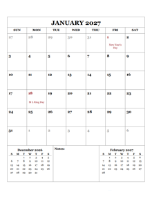 2027 Monthly Planner With US Holidays