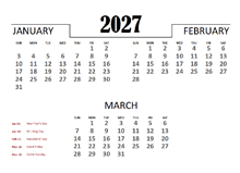 2027 Numbers Calendar with Holidays