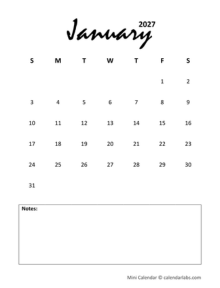 2027 Portrait Mini Calendar Printable