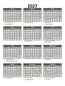 2027 Printable Calendar With Holidays