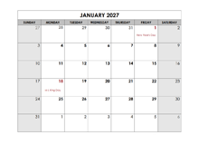 2027 Printable Apple Pages Holiday Calendar