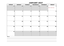 2027 Singapore Monthly Calendar with Notes