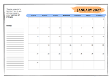 2027 Student Calendar With Note Space