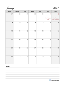 2027 Thailand Calendar Template Large Boxes