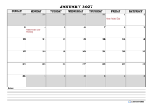 2027 UAE Monthly Calendar with Notes