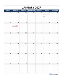 2027 UK Calendar Spreadsheet Template