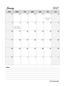 2027 UK Calendar Template Large Boxes