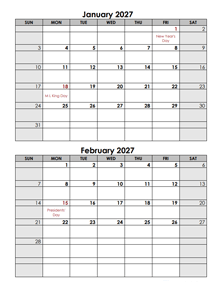 2027 Word Calendar Template Two Months In One Page