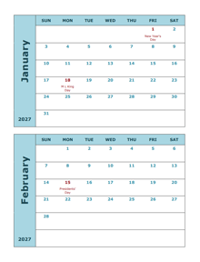 2027 Word Calendar Two Months Per Page