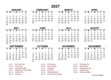 2027 Year at a Glance Calendar with India Holidays