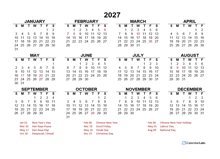 2027 Year at a Glance Calendar with Singapore Holidays