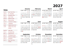 2027 Yearly Calendar Template With US Holidays