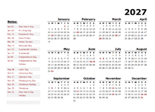 2027 Year OpenOffice Calendar Template With US Holidays