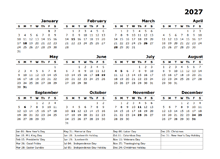 2027 Yearly Calendar Template With US Holidays