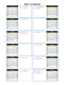 2027 Year At A Glance Word Calendar Template