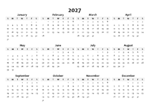 2027 Yearly Blank Calendar Template