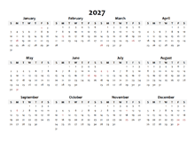 2027 Yearly Blank Calendar Template