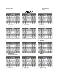 2027 Yearly Business Calendar With Week Number