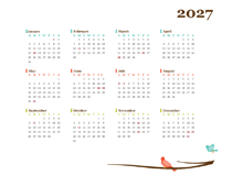2027 Yearly Calendar Bird Template
