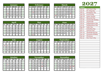 Editable 2027 Yearly Calendar Landscape