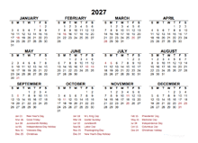 2027 Yearly Calendar Template Excel