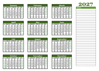 2027 Yearly Calendar With Blank Notes