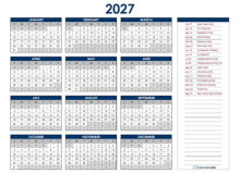2027 Yearly PDF One Page Calendar