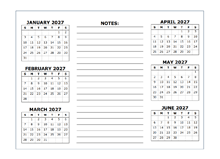 6 Months Per Page Calendar Template 2027