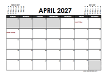 April 2027 Calendar Excel