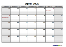 April 2027 Calendar Word