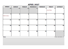 April 2027 Planner Excel