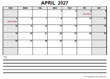 Blank April 2027 Calendar PDF