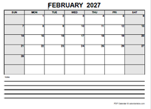Blank February 2027 Calendar PDF