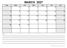 Blank March 2027 Calendar PDF